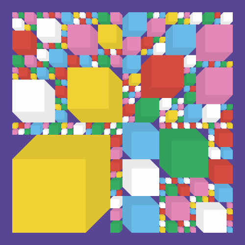 Abstract generative art. Purple background, irregular grid with cubes that create a sense of depth. Each cube is either yellow, white, pink, light blue or green.