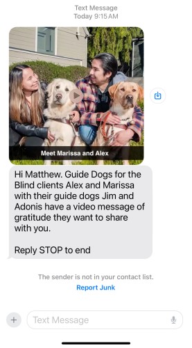 Nonprofit text screenshot they sent me of a video about dogs. 