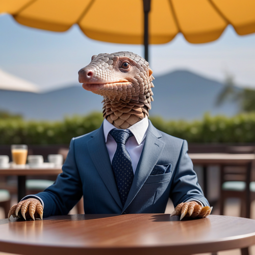 AI generated art
A pangolin in a suit and tie sits at a table in an outdoor cafe, looking expectantly for wait staff.