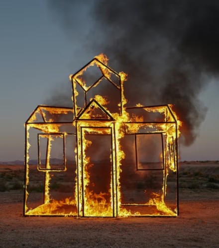 Photography and art. A color photo of a burning house. This is an art installation by the artist duo Icy and Sot, who built a simple wooden frame of an archetypal house in the desert. They set fire to this frame and then opened up the view again to the untouched surrounding desert. In the photo, the house stands with brightly blazing flames and a column of black smoke against a gray evening sky. The barren desert landscape can be seen in the background. 
Info: The artists were inspired by a statement by climate activist Greta Thunberg. The single photo comes from a short video. Here you can see the art action in reverse order. First the ash lies in the desert sand and then the burning house grows out of it.
"I want you to panic. I want you to act as if your house was on fire." - Greta Thunberg