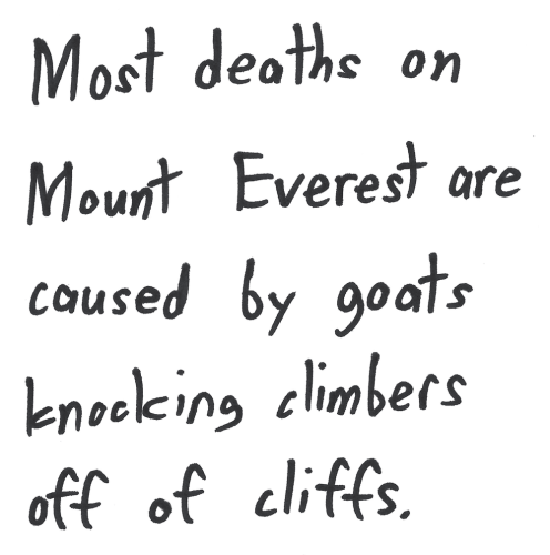 Most deaths on Mount Everest are caused by goats knocking climbers off of cliffs.