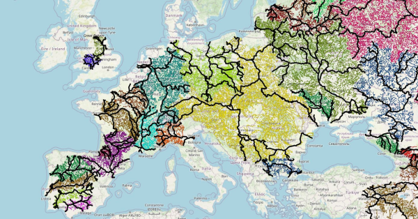 a map of europe, with many river basins coloured in different colours, with many black lines going through them