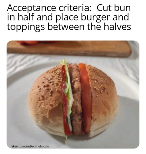 Photo of a hamburger made with the bun sliced vertically.

Caption:
Acceptance criteria: Cut bun in half and place burger and toppings between the halves 