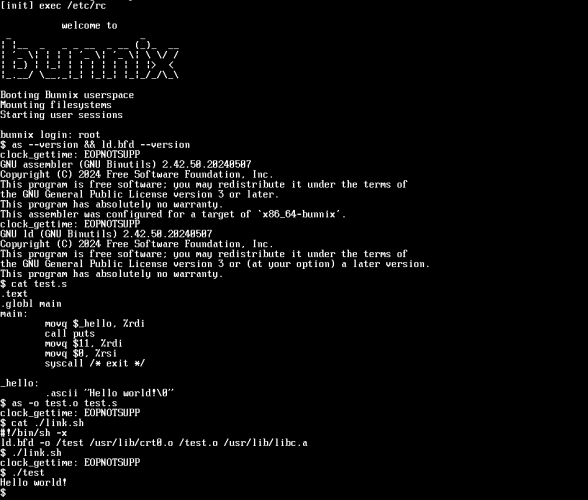 Screenshot of Bunnix compiling, linking, and executing a small program written in C