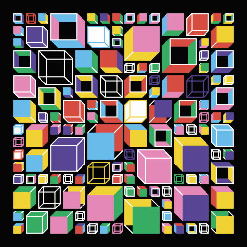 Abstract generative art. Black background, irregular grid with cubes that create a sense of depth. Each cube is drawn in one of 6 possible styles, and can have 1 to 3 colors, among white, yellow, pink, red, light blue, purple and green.