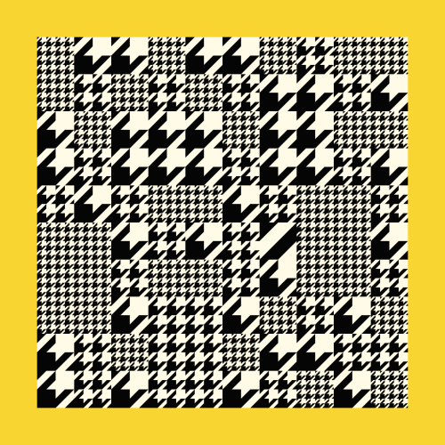 Abstract generative art. Irregular grid of rectangles with houndtooth patterns, in black and white, at different possible scales. Yellow margin.