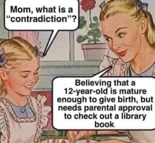 A little girl asks her mother, "Mom, what's a 'contradiction'?"

Mother answers, "Believing that a 12 year old is mature enough to give birth, but needs parental approval to check out a book. 