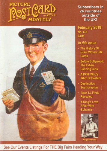 The front cover of Picture Postcard Monthly No 478 for February 2019, featuring an illustration taken from a postcard of a ostman holding a postcard in his hand. The postcard has a flap, inside which is an accordion fold set of small, and usually monochrome, photos.