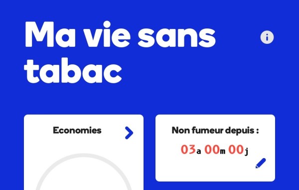 Graphic with text "Ma vie sans tabac" (my life without tobacco) in white against a blue background, accompanied by panels indicating a savings tracker and a non-smoking progress meter "Non fumeur depuis: 03a 00m 00j" (non-smoker for 3 years 0 month 0 day)