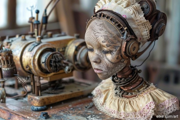 "Victorian Future" is a captivating visual narrative, part of the "Inside the Factory: The Fabric of the Unspoken" series. This artwork intricately weaves the past with the future, humanity with automation.

A delicate porcelain-like figure, dressed in Victorian-era attire, is juxtaposed with the mechanical complexity of a vintage sewing machine. Her gaze is absent, directed inward or perhaps far beyond, a silent testament to the evolving roles in the tapestry of progress.

The textures are rich and tactile; the sepia tones and warm hues evoke a sense of nostalgia, while the intricacy of the machine parts hints at a bygone industrial era. This tableau explores the contrasts between the softness of the human form and the hard precision of machinery, evoking contemplation on the nature of our relationship with technology and the relentless march of innovation.

This piece would serve as a profound conversation starter in any space, blending with rustic decors or standing as a focal point amidst modern minimalism. It would be particularly striking in a space that appreciates the blend of historical references with contemporary themes.

Inside the Factory: The Fabric of the Unspoken is a series of digital artworks that provides a journey into a place of creation and industry where things are being woven literally and metaphorically.

There are narratives, emotions, and critiques embedded within the art that go beyond what is immediately visible. 
