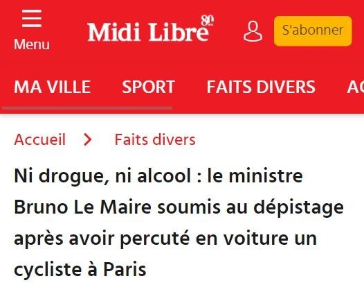 Ni drogue, ni alcool : le ministre Bruno Le Maire soumis au dépistage après avoir percuté en voiture un cycliste à Paris