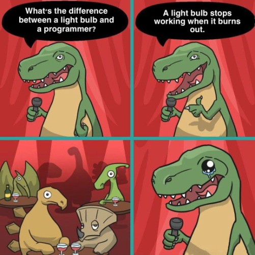 This is a stand-up dinosaur meme where the dinosaur asks, "What's the difference between a light bulb and a programmer?" The light bulb stops working when it burns out. The audience was not amused. This joke is meant to highlight the issue of burnout and mental health problems that are common in the IT industry but are often not taken seriously. #MentalHealthMatters 