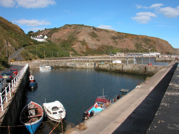 Burnmouth harbour. The image shows a road on the left side of the frame which leads up a steep hill to a gap in grass and soil cliffs, passing some buildings as it reaches the top. In the foreground is a harbour enclosed by stone walls. There are seven small boats tied up in the harbour. The sky is mainly blue.
