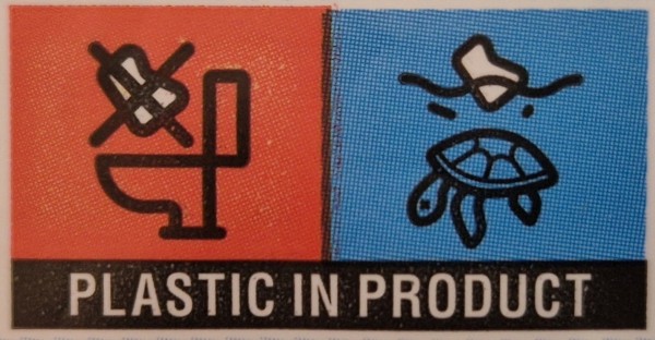 Label on a pack of wet-wipes saying "Plastic in product". A red panel on the left shows a toilet with a wet-wipe above with an X through it. A blue panel to the right shows a turtle with a wet-wipe above. No X through it though. So must be fine for turtles. 🐢😊