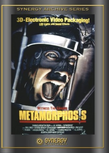 Image of box cover for the 1990 film 'Metamorphosis'. Head of a screaming man, underlie in a sinister fashion, resembling UK PM Rishi Sunak, held in a metal cage restraint. Above are the words 'Synergy Archive series. 3D-electronic view packaging. LED lights and sound effects. Below is written 'Witness The Change. Metamorphosis' and below that, the names of the production company director and the lead actors.