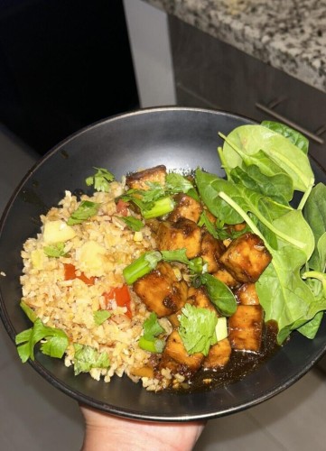 Mall style Bourbon tofu, pineapple and tomato fried rice, a handful of raw spinach 