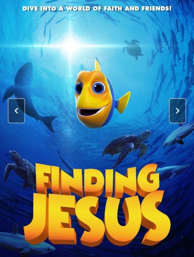 The image features an animated clownfish in the foreground with a playful expression, set against an underwater background with silhouettes of fish swimming and a sunbeam shining through the water. There's text overlay that says "DIVE INTO A WORLD OF FAITH AND FRIENDS!” with the title “FINDING JESUS.”