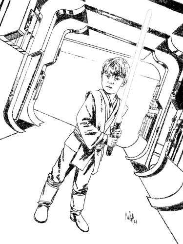 A full line art drawing. You face a jedi paddawan holding a lightsaber in a hallway. The kid seems ready for combat.