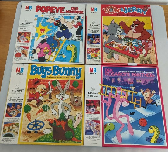 Foto der vier Brettspiele von MB Spiele:

Popeye
Tom & Jerry
Bugs Bunny
Der rosarote Panther