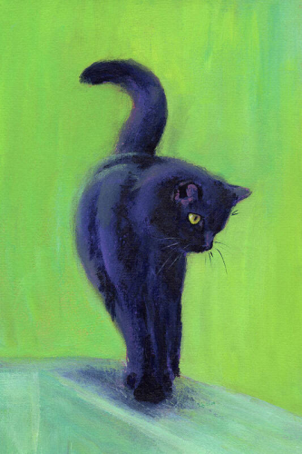On the catwalk is a hand-painted acrylic painting in portrait format by artist Karen Kaspar.
A black cat balances on the thin bar of a wooden fence. The elegant pose with its paws placed in front of each other and its tail curved upwards gives the impression that the beautiful animal with its shiny black fur is walking on a catwalk like a model. The cat's yellow-green eyes are directed attentively to the left, conveying a sense of curiosity or concentration.
The background is abstracted in bright lime green and light green shades, suggesting a natural environment such as the foliage of bushes or trees.
The picture is painted with loose and expressive brushstrokes.