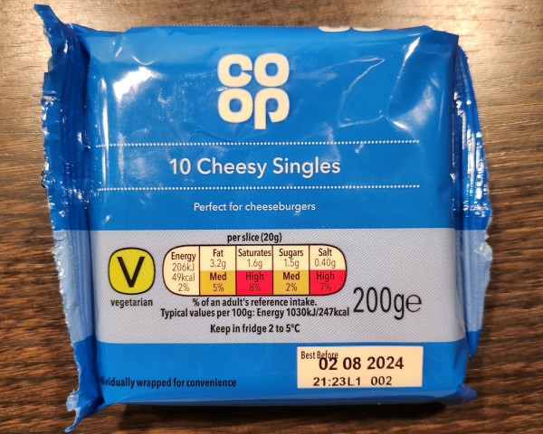 Pack of Co Op cheese slices they've called Cheesy Singles 