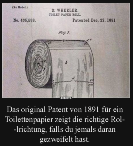 Eine Zeichnung, wie die Klorolle richtig aufgehängt wird.
Dies ist sogar patentiert von 1891.
Das Papier gehört nach außen!