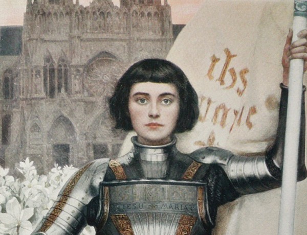 romanticized Victorian painting of Jeanne d'Arc in armour and holding a standard
