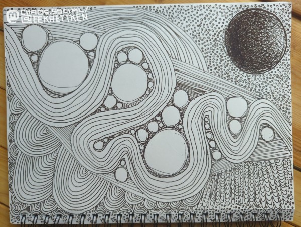 Black ink on paper.

Wavy lines and spheres forming kind of an abstract world. Only the sphere in the upper right corner is shaded.