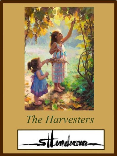 Greeting card of an original oil painting by Steve Henderson depicting two sisters picking grapes along a country path in the autumn.