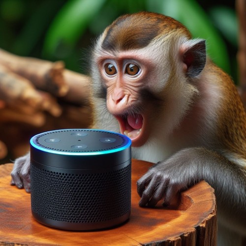 A primate is having fun with an Alexa Echo