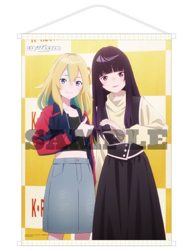 promotional image of wallscroll for Jellyfish Can't Swim In The Night of Kano and Mei standing next to each other with Kano giving a thumbs up and Mei giving a heart oblivious to Kano not reciprocating