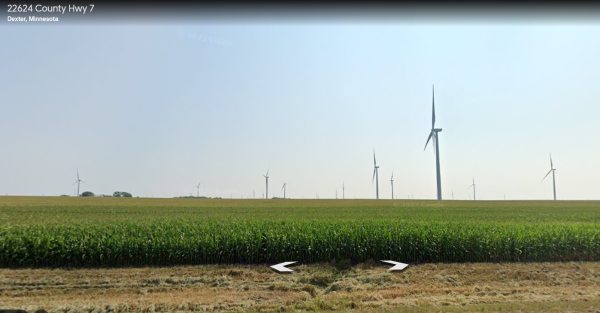 Street View showing extensive wind farms in Mower County, MN