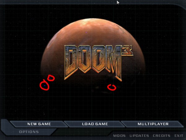 screenshot of the Doom3 main menu, there are some blue specks, that I marked by drawing red lines around them, that shouldn't be there