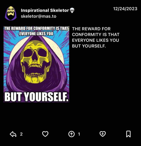 
A image of skeleton from he man with the phrase “THE REWARD FOR CONFORMITY IS THATEVERYONE LIKES YOU BUT YOURSELF.” Underneath, icons appear for liking, boosting, bookmarking and bloosting - liking and boosting in one click.