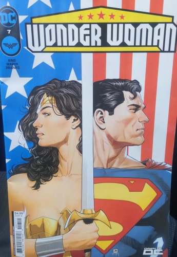 Cover of the issue. Under the logo, Wonder Woman holds a sword at the center of the cover as she looks to the left. On the other side of the sword, Superman looks to the right. Both standing in front of the USA flag. 