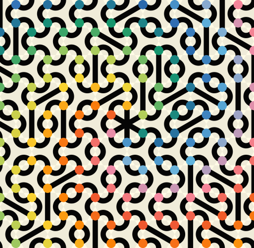 Abstract generative art. Off-white background, thick black lines and curves creating wiggly patterns, connected by rainbow-colored dots.