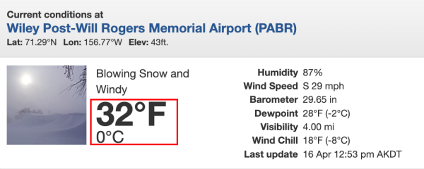 Screen shot showing the 1pm AKDT weather conditions at Utqiaġvik, Alaska.