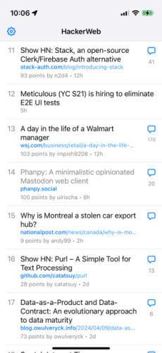 A screenshot of HackerWeb iOS app displaying a list of news articles with titles, brief descriptions, timestamps, and upvote counts. In the middle of the list, there’s Phanpy.