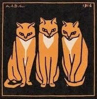 Artwork of three orange cats sitting in a row, to a black background. 