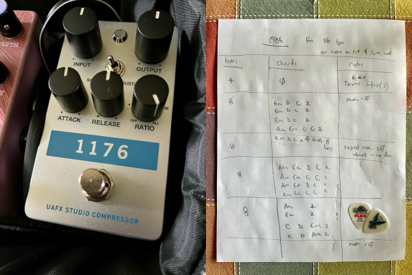 UA 1176 compressor pedal on left and handwritten chord chart on right