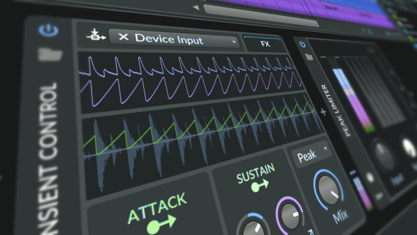 The image shows a close-up of a digital audio workstation (DAW) interface with a focus on what appears to be a transient control or dynamic processing plugin. The plugin has various controls including parameters labeled "ATTACK" and "SUSTAIN," which are typical for transient shaping tools used in music production to adjust the initial hit and decay of a sound. There's a visual display with two waveforms, suggesting it could be showing the input and output signals or possibly the envelope being applied to the signal. Additionally, there are some metering elements such as a peak limiter with a visual indicator. This type of software is common in music production for shaping the dynamics of individual tracks or entire mixes.