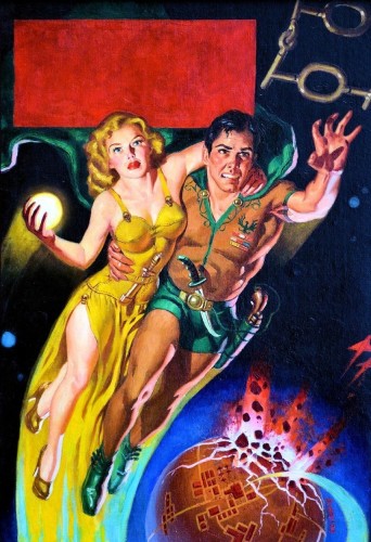 A man dressed as Robin Hood in really tiny shorts, flies through space with a blonde woman in a slinky yellow dress. She is cradling a glowing ball, while a planet explodes in the background.