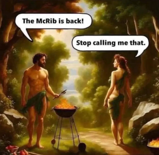 Adam and Eve, of the creation myth common to Abrahamic religions, standing on either side of an open grill with flames roaring up. Adam is holding tongs and says "The McRib is back!" To which Eve responds "Stop calling me that."