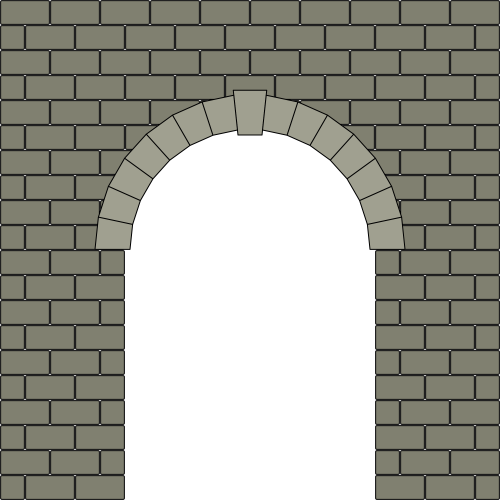 Wand mit Tür und Türbogen aus Steinmit Schlussstein.