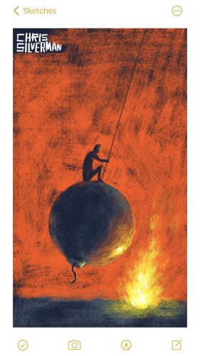 A giant, spherical cartoon bomb, fuse pointed down, is attached to a long, thin cord, swinging back and forth like a wrecking ball. In this image, the bomb is caught at the left end of the swing, about to swing back. Its path will take it through a small bonfire, through which the fuse will also pass. Sitting on top of the bomb is a small human figure. The ground is steely black, the same color as the bomb; the background is fiery orange red.