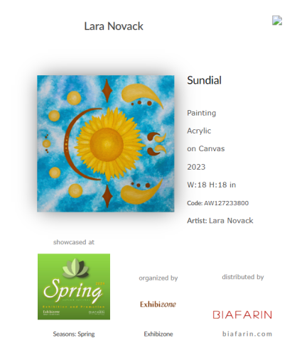 Photo badge of the art piece "Sundial", painting information, and where to find it showcased in the Spring showcase on Exhibizone
