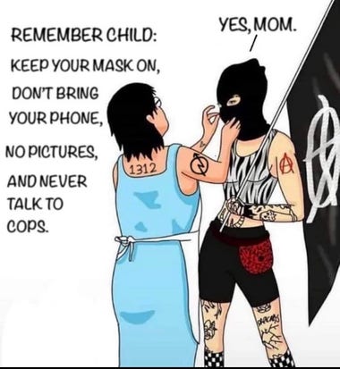 REMEMBER CHILD:
KEEP YOUR MASK ON,
DON'T BRING
YOUR PHONE,
NO PICTURES,
1312
AND NEVER
TALK TO
cops.
YES, MOM.
ARCAS