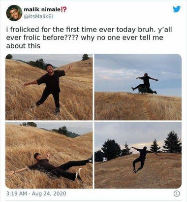 Four images of Malik frolicking in a dry-looking but grassy field, with the caption "I frolicked for the first time ever today bruh. Y'all ever frolic before?? Why no one ever tell me about this"