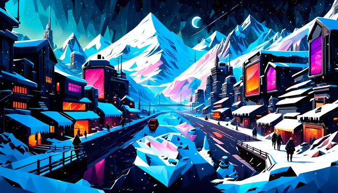 Winter Cyberpunk City with snowy mountain