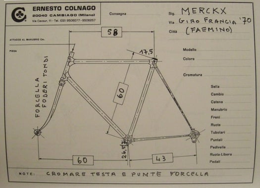 Colnago specs for Eddy Merckx's bicycle for the 1970 Tour de France